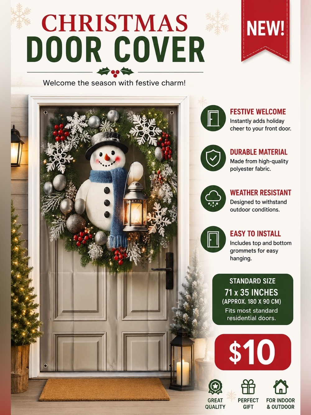 Festive Snowman Door Banner with Blue Scarf and Lantern